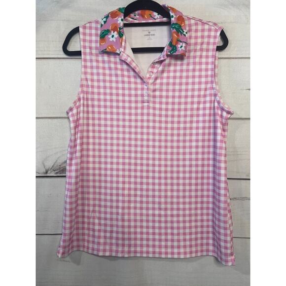 Draper James For Land's End Size LG Sleeveless Polo Pink White Check Print EUC - Picture 1 of 6